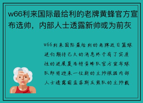 w66利来国际最给利的老牌黄蜂官方宣布选帅，内部人士透露新帅或为前灰熊主帅约格尔