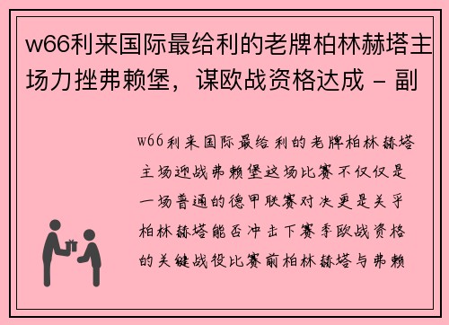 w66利来国际最给利的老牌柏林赫塔主场力挫弗赖堡，谋欧战资格达成 - 副本